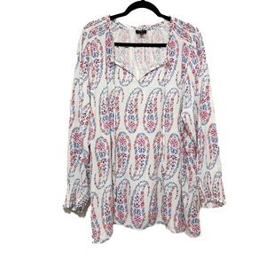 Talbots Blouse Floral Paisley Smocked Resortwear Coastal White Blue Plus Size 3X